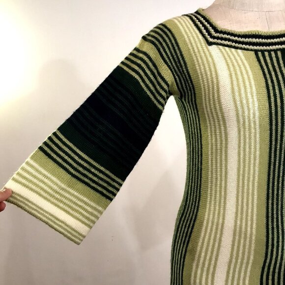 Vintage 60s Women's Green Striped Sweater Hippie Mod Knit XXS/XS - Picture 3 of 9